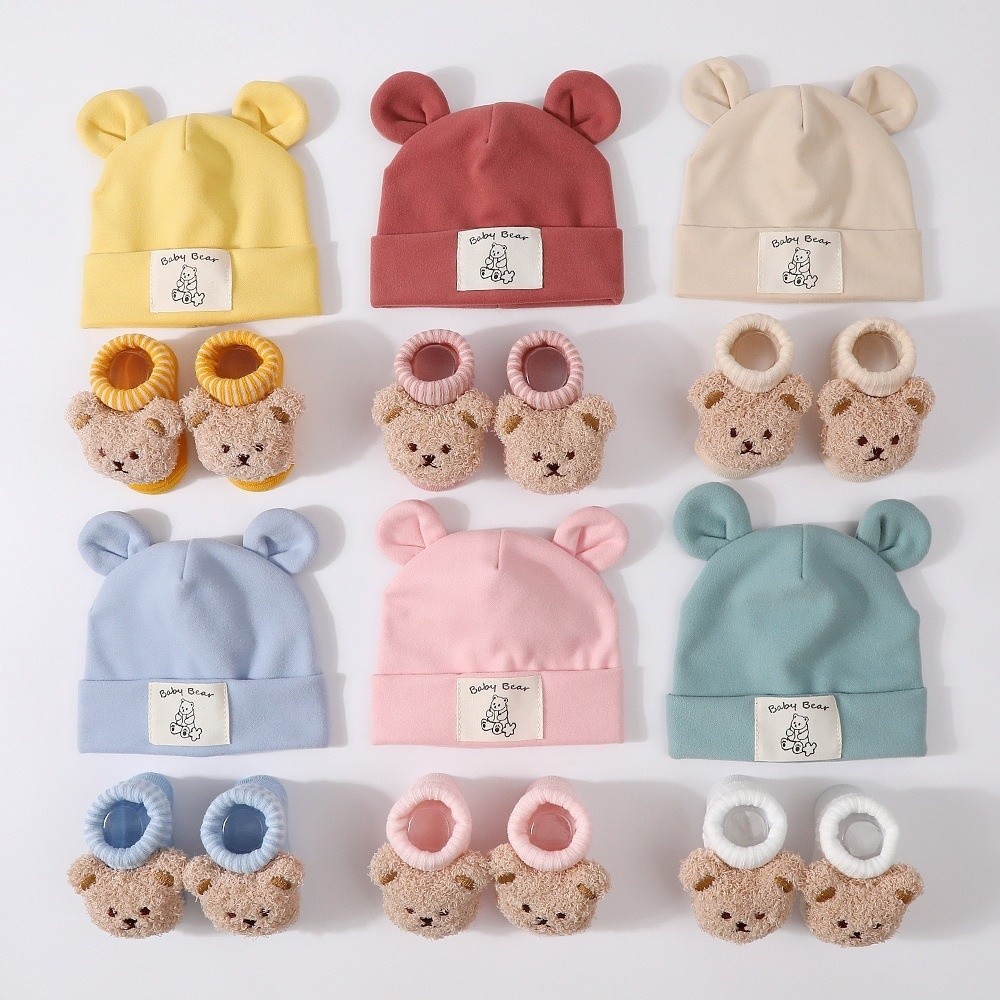 Infant Beanie Hat With Ears - 2Pcs/Set Cotton Baby Hat Socks Set